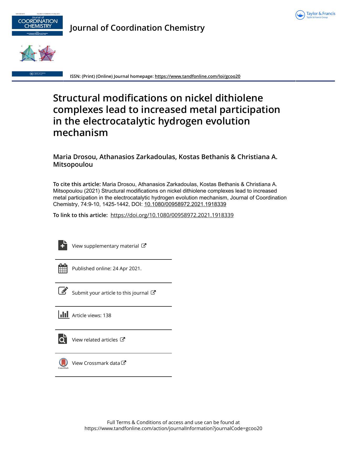 Structural modifications on nickel dithiolene complexes lead to increased metal participation in the electrocatalytic hydrogen evolution mechanism by Drosou Maria & Zarkadoulas Athanasios & Bethanis Kostas & Mitsopoulou Christiana A