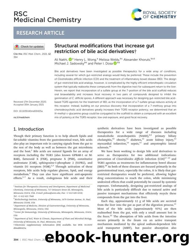 Structural modifications that increase gut restriction of bile acid derivatives by Ali Nakhi & Henry L. Wong & Melissa Weldy & Alexander Khoruts & Michael J. Sadowsky & Peter I. Dosa