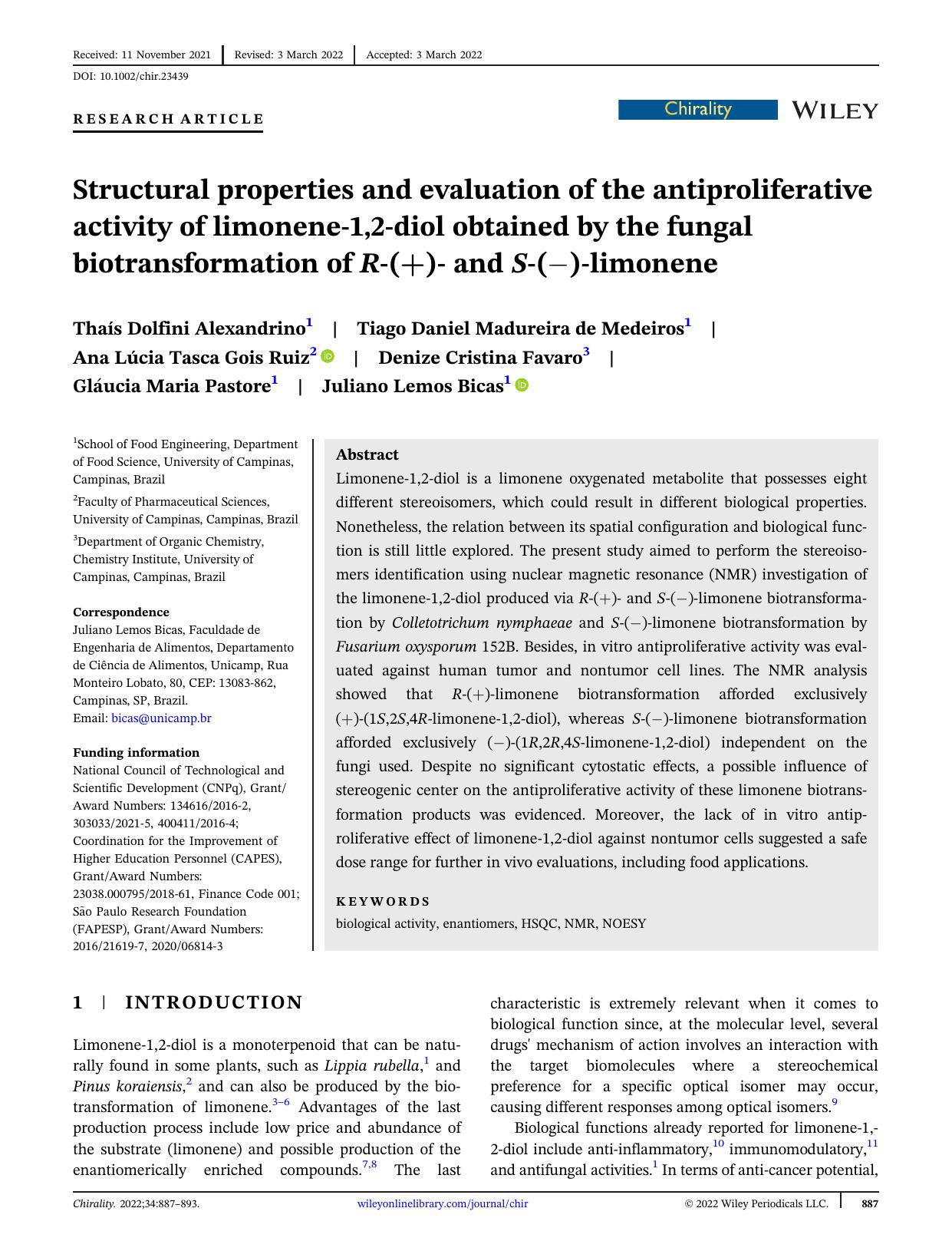 Structural properties and evaluation of the antiproliferative activity of limoneneâ1,2âdiol obtained by the fungal biotransformation of Râ(+)â and Sâ()âlimonene by unknow