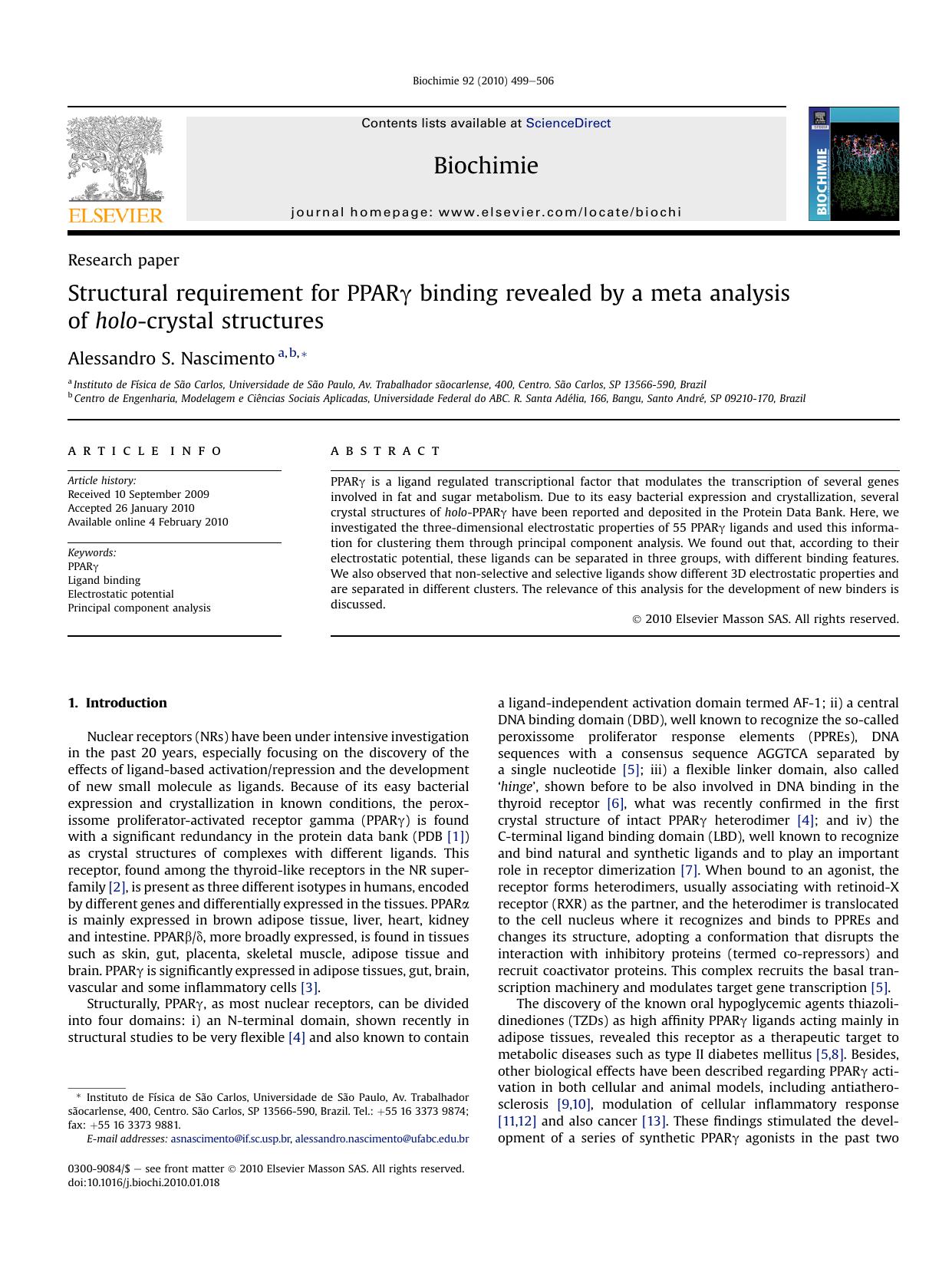 Structural requirement for PPAR&gamma; binding revealed by a meta analysis of holo-crystal structures by Alessandro S. Nascimento
