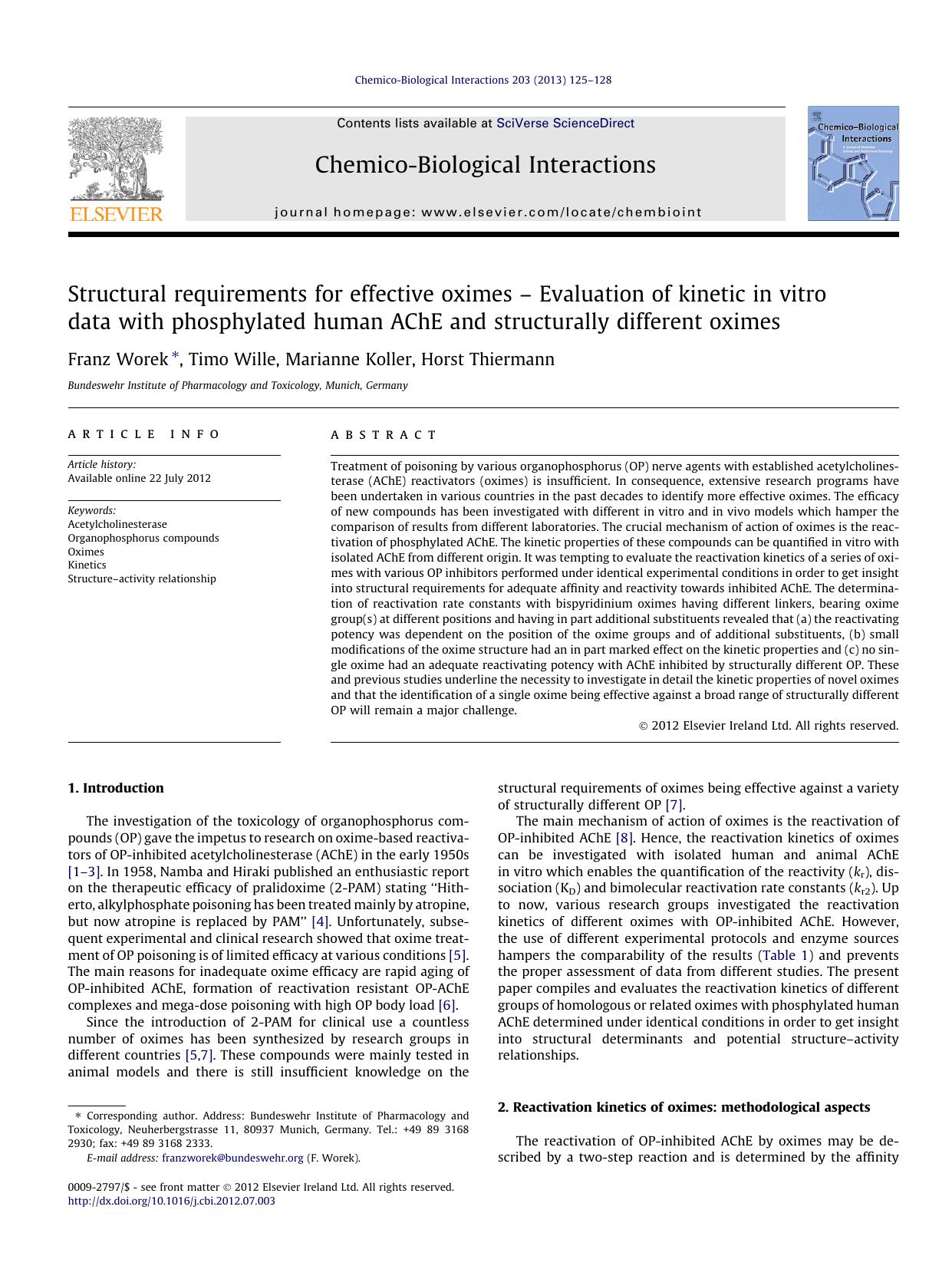 Structural requirements for effective oximes Ã¢â¬â Evaluation of kinetic in vitro data with phosphylated human AChE and structurally different oximes by Franz Worek & Timo Wille & Marianne Koller & Horst Thiermann