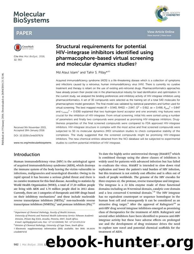 Structural requirements for potential HIV-integrase inhibitors identified using pharmacophore-based virtual screening and molecular dynamics studies by Md Ataul Islam & Tahir S. Pillay