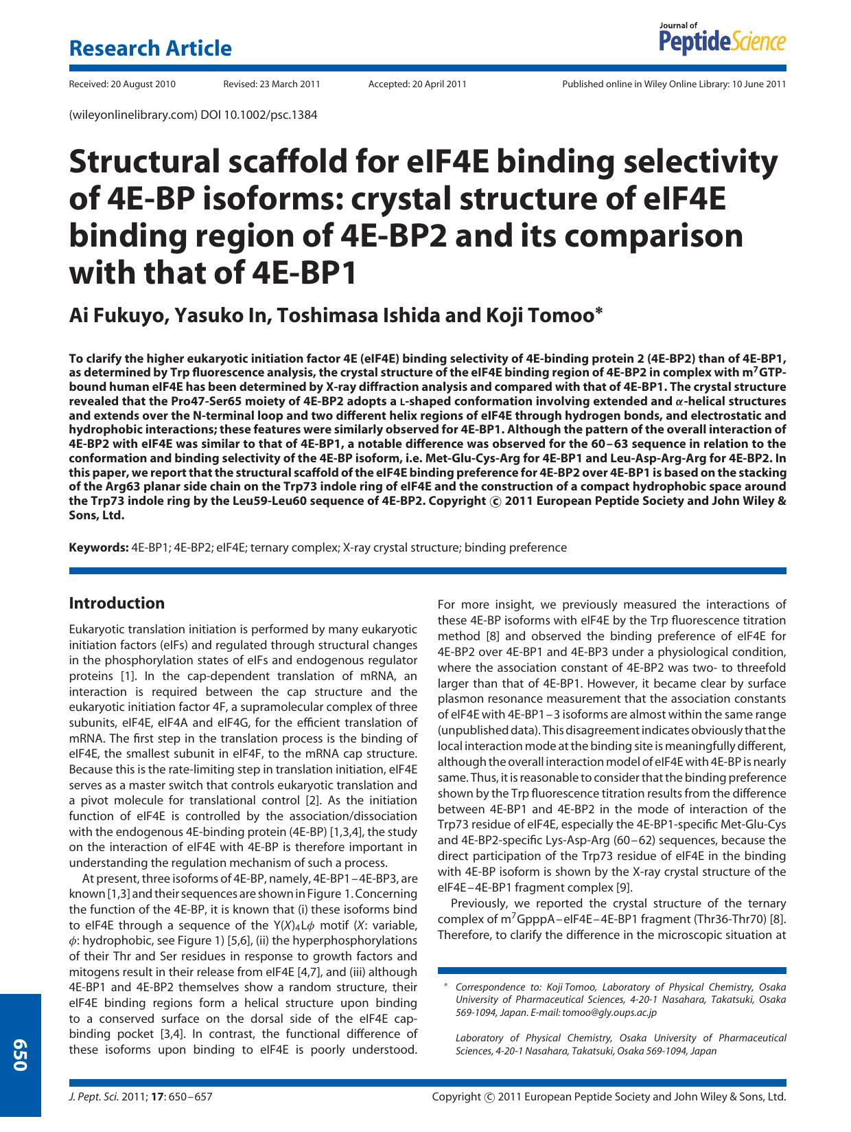 Structural scaffold for eIF4E binding selectivity of 4EBP isoforms: crystal structure of eIF4E binding region of 4EBP2 and its comparison with that of 4EBP1 by Unknown