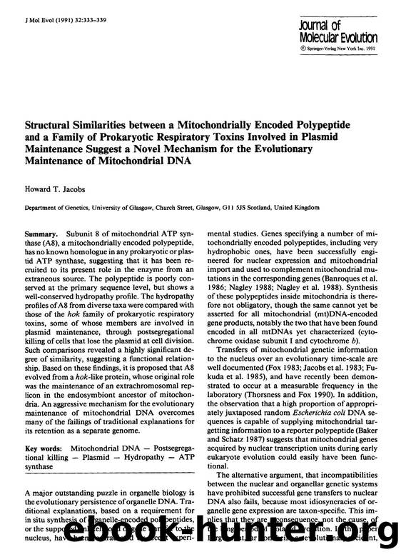Structural similarities between a mitochondrially encoded polypeptide and a family of prokaryotic respiratory toxins involved in plasmid maintenance suggest a novel mechanism for t by Unknown