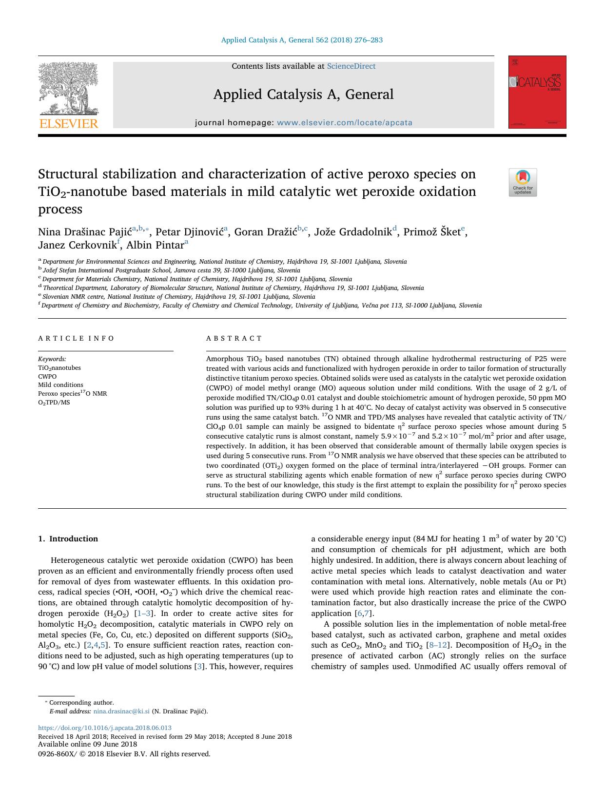 Structural stabilization and characterization of active peroxo species on TiO2-nanotube based materials in mild catalytic wet peroxide oxidation process by unknow