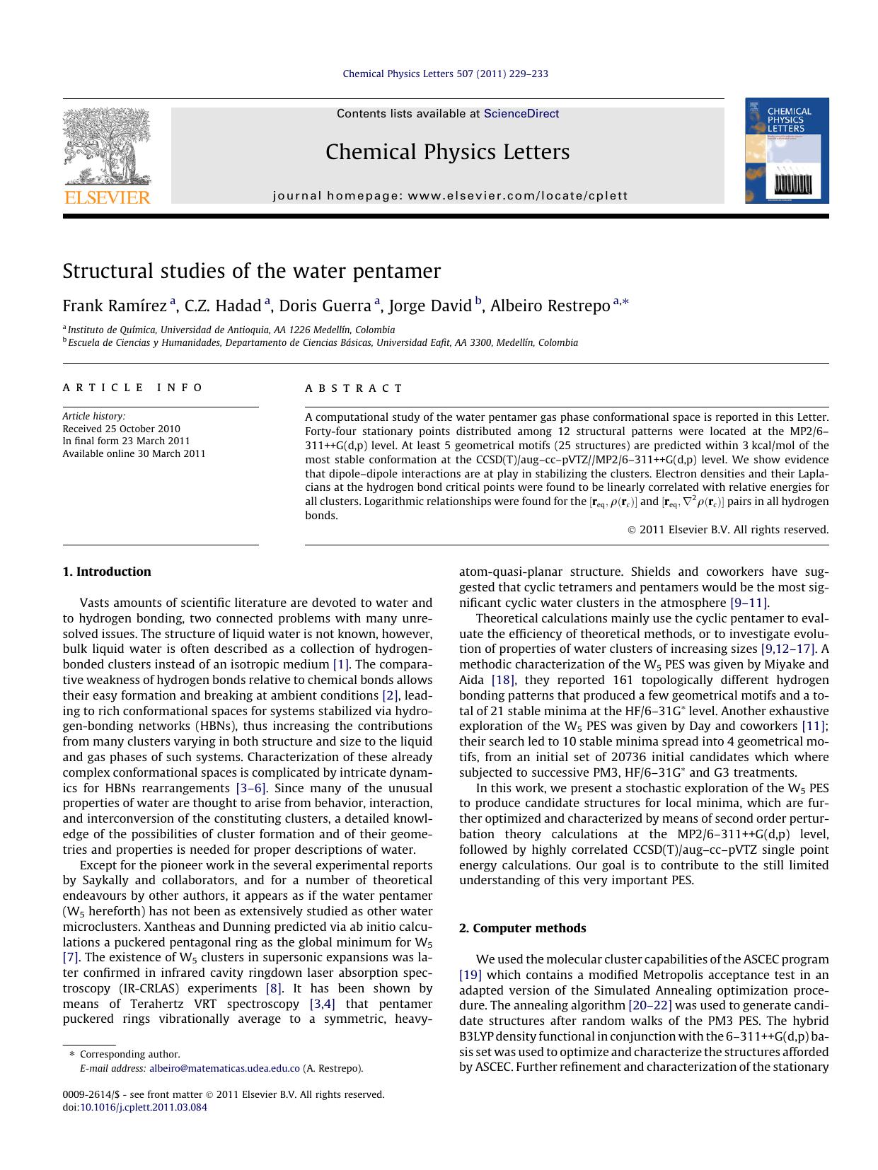 Structural studies of the water pentamer by Frank RamÃ­rez & C.Z. Hadad & Doris Guerra & Jorge David & Albeiro Restrepo