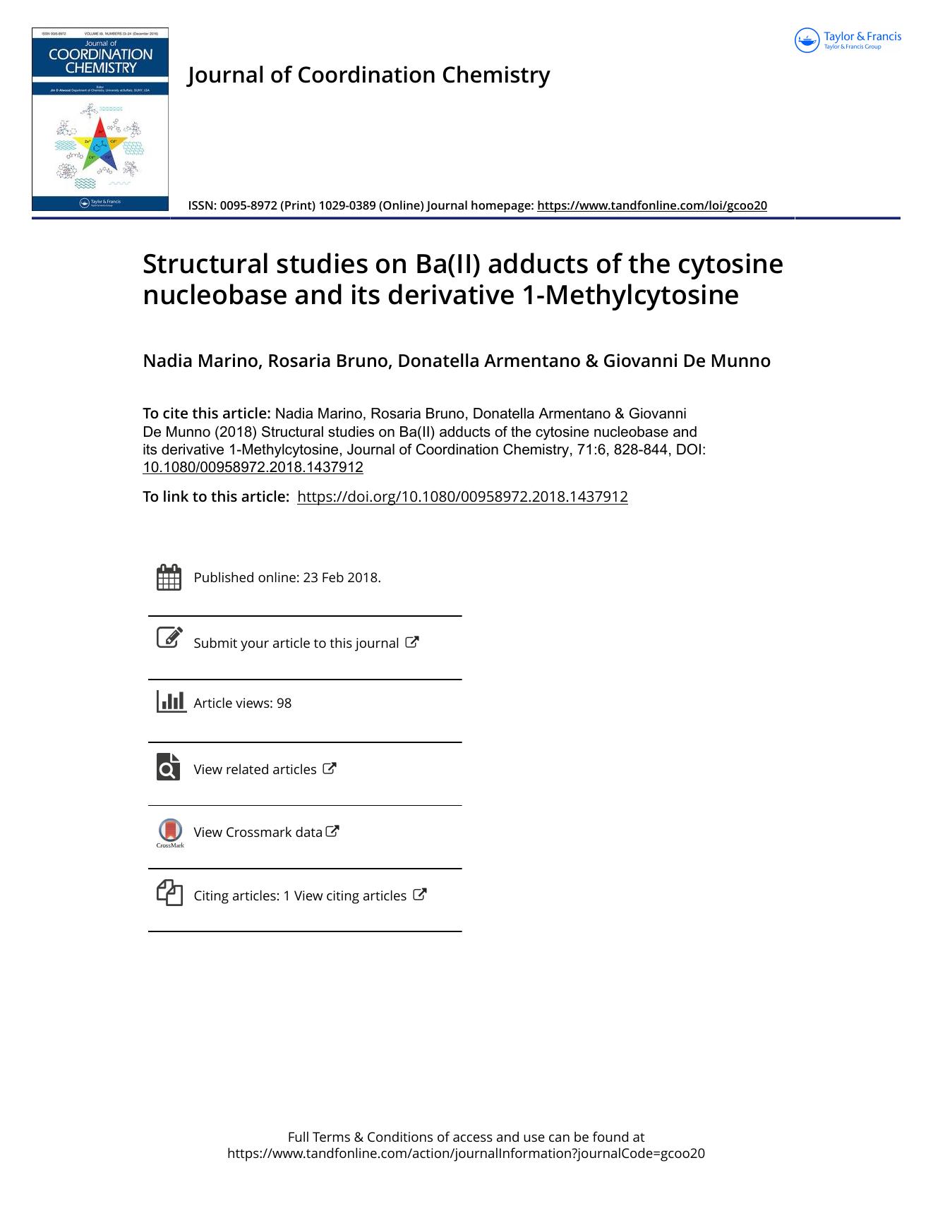 Structural studies on Ba(II) adducts of the cytosine nucleobase and its derivative 1-Methylcytosine by Nadia Marino & Rosaria Bruno & Donatella Armentano & Giovanni De Munno