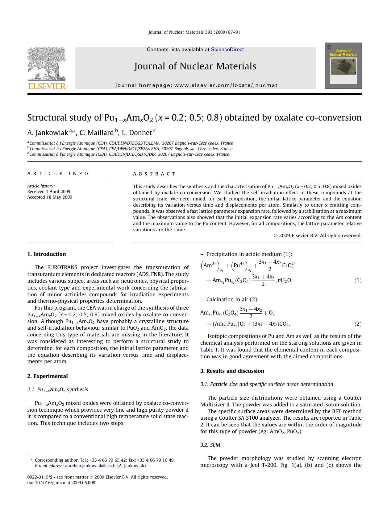 Structural study of Pu1âxAmxO2 (x=0.2; 0.5; 0.8) obtained by oxalate co-conversion by A. Jankowiak; C. Maillard; L. Donnet