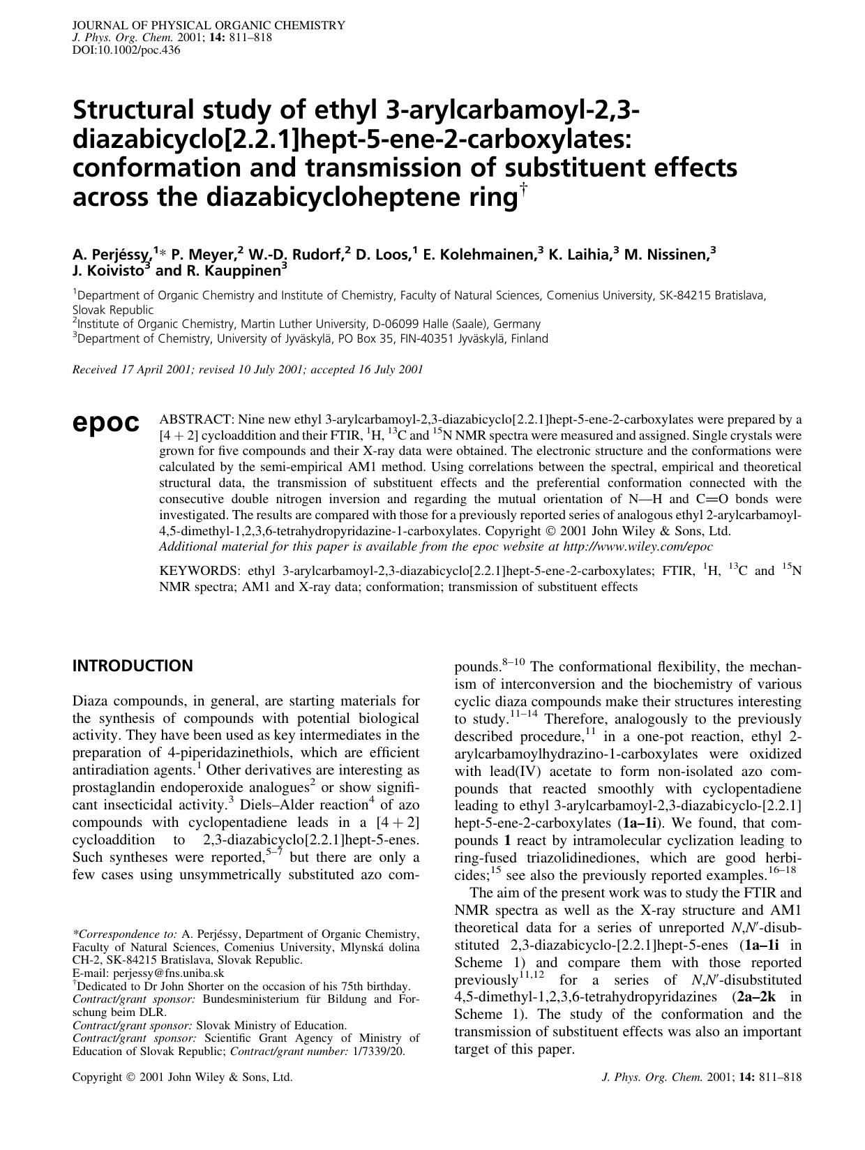 Structural study of ethyl 3-arylcarbamoyl-2,3-diazabicyclo[2.2.1]hept-5-ene-2-carboxylates: conformation and transmission of substituent effects across the diazabicycloheptene ring by Unknown