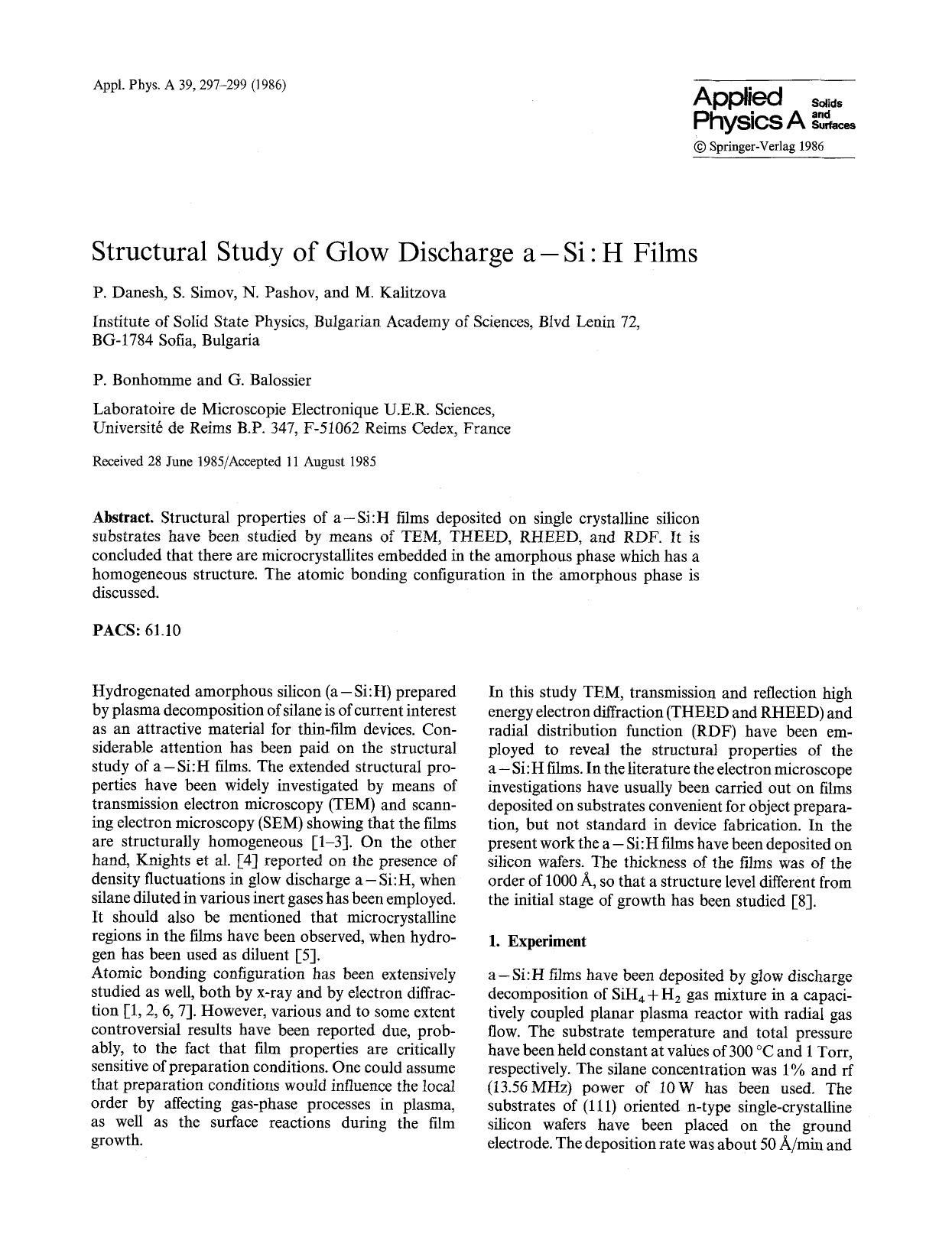 Structural study of glow discharge a — Si ∶ H films by Unknown