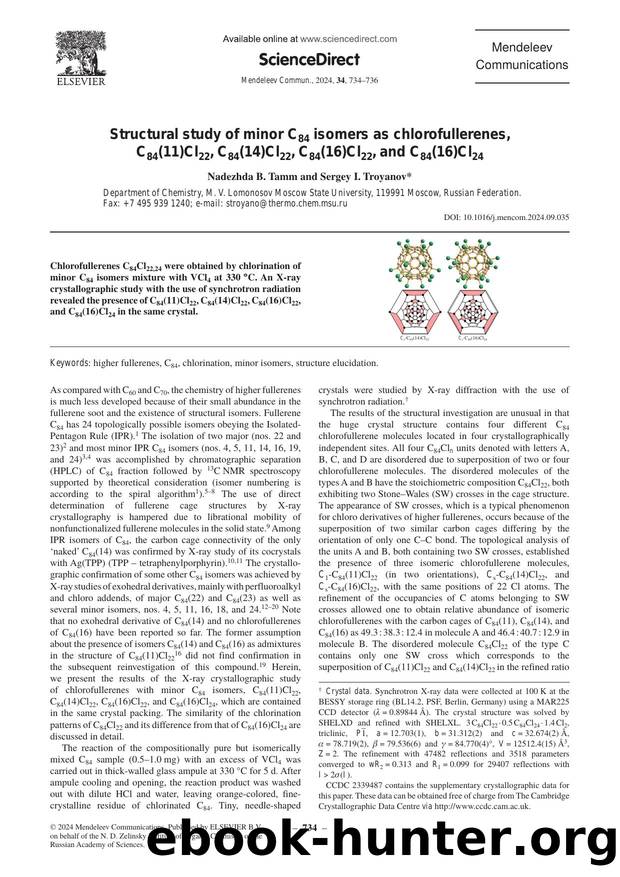 Structural study of minor C84 isomers as chlorofullerenes, C84(11)Cl22, C84(14)Cl22, C84(16)Cl22, and C84(16)Cl24 by Nadezhda B. Tamm & Sergey I. Troyanov