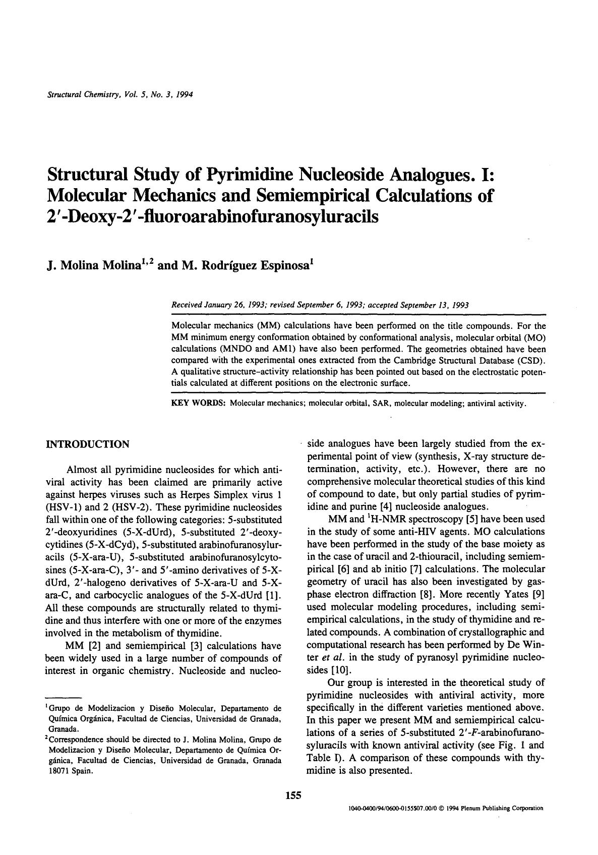 Structural study of pyrimidine nucleoside analogues. I: Molecular mechanics and semiempirical calculations of 2&#x2032;-deoxy-2&#x2032;-fluoroarabinofuranosyluracils by Unknown