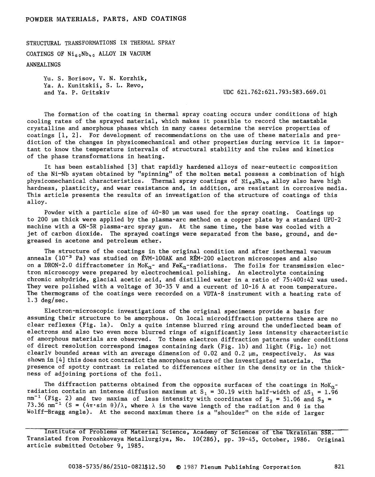 Structural transformations in thermal spray coatings of Ni <Subscript>60 <Subscript>Nb <Subscript>40 <Subscript> alloy in vacuum annealings by Unknown
