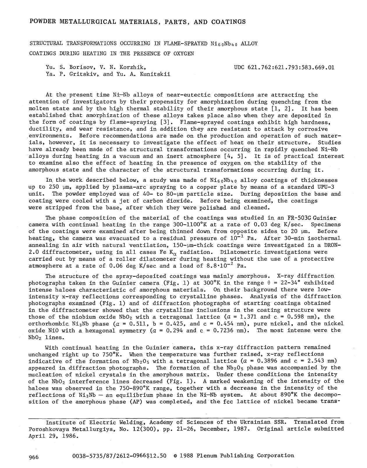 Structural transformations occurring in flame-sprayed Ni <Subscript>60 <Subscript>Nb <Subscript>40 <Subscript> alloy coatings during heating in the presence of oxygen by Unknown