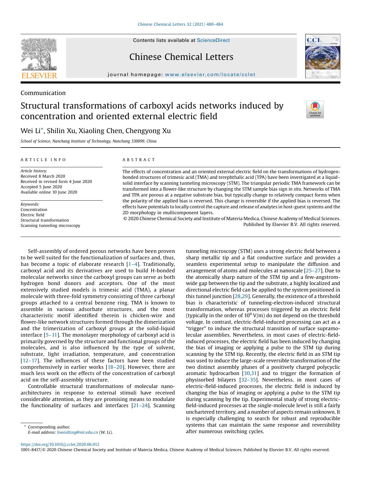 Structural transformations of carboxyl acids networks induced by concentration and oriented external electric field by Wei Li & Shilin Xu & Xiaoling Chen & Chengyong Xu