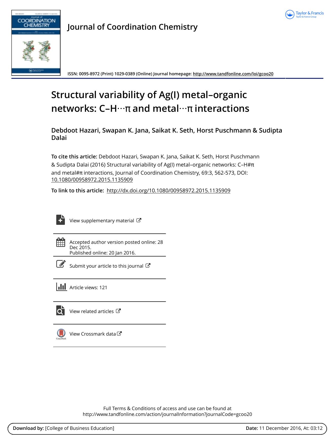 Structural variability of Ag(I) metalâorganic networks: CâHâ¯Ï and metalâ¯Ï interactions by Debdoot Hazari & Swapan K. Jana & Saikat K. Seth & Horst Puschmann & Sudipta Dalai