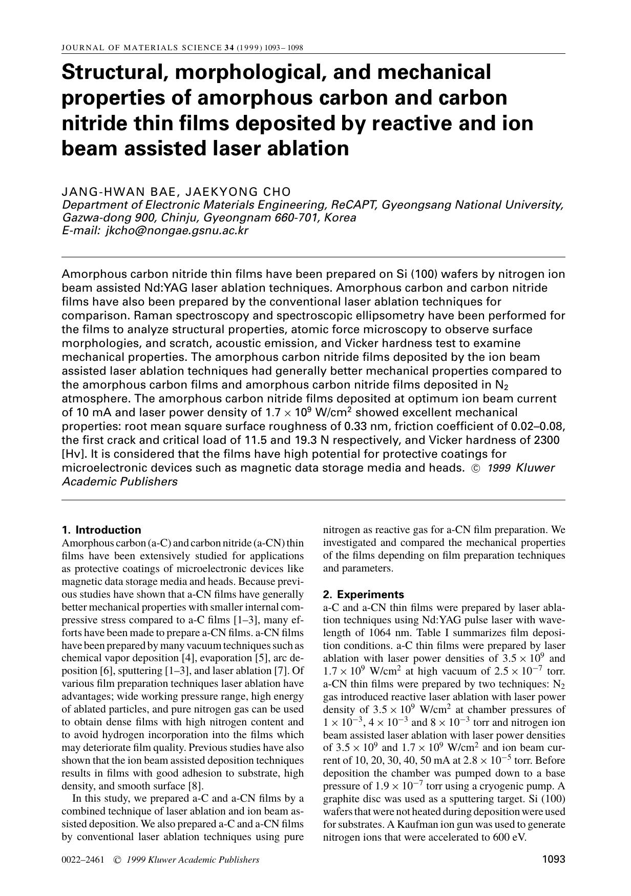 Structural, morphological, and mechanical properties of amorphous carbon and carbon nitride thin films deposited by reactive and ion beam assisted laser ablation by Unknown