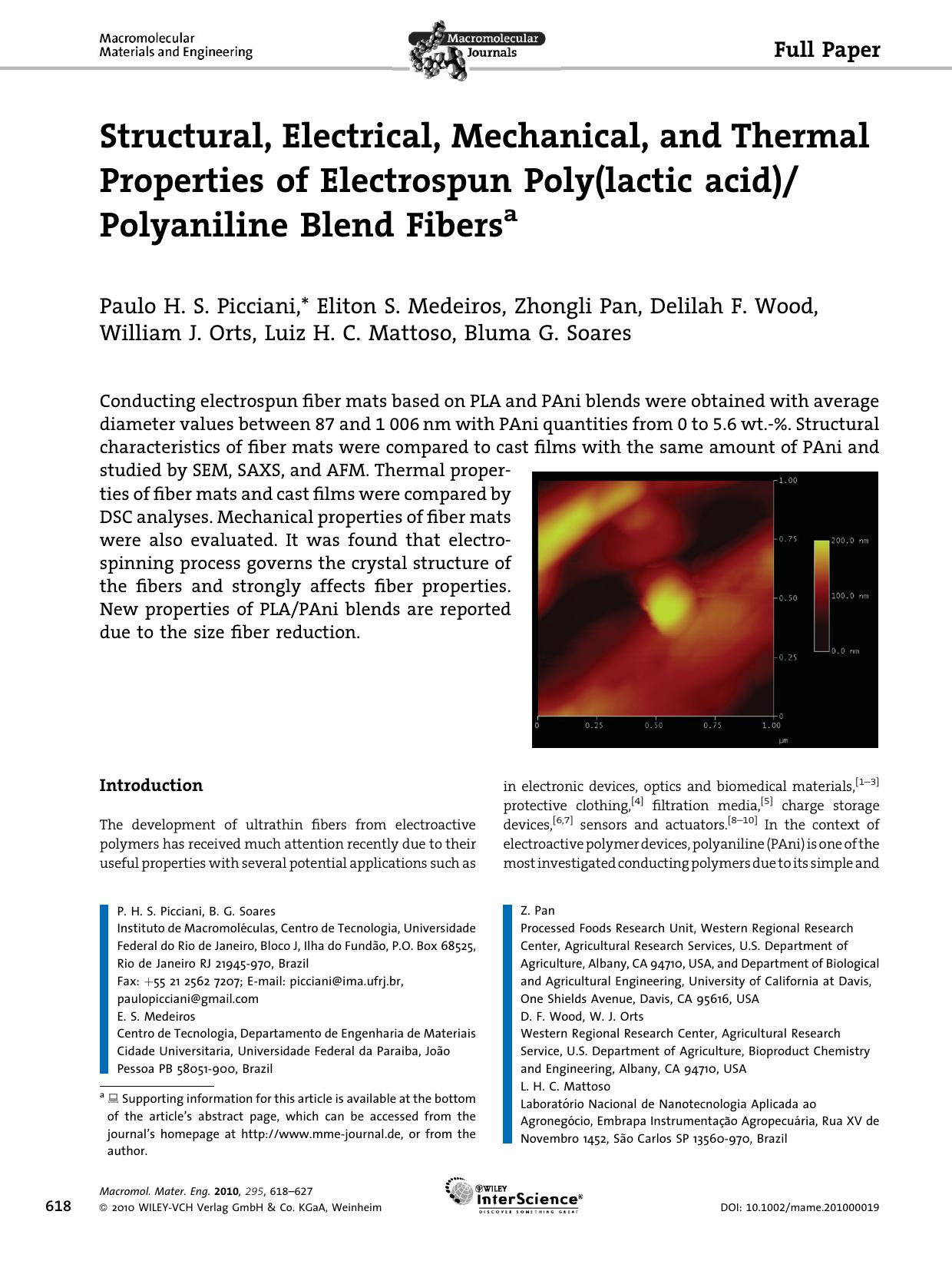 Structural, Electrical, Mechanical, and Thermal Properties of Electrospun Poly(lactic acid)Polyaniline Blend Fibers by Unknown