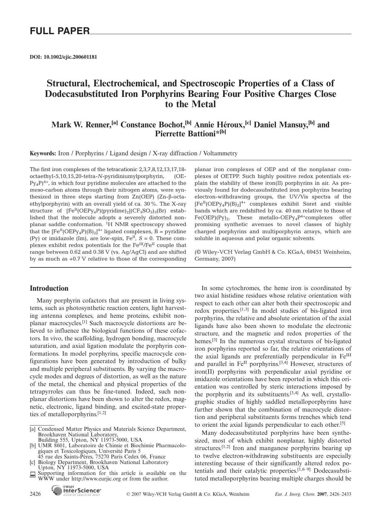 Structural, Electrochemical, and Spectroscopic Properties of a Class of Dodecasubstituted Iron Porphyrins Bearing Four Positive Charges Close to the Metal by Unknown