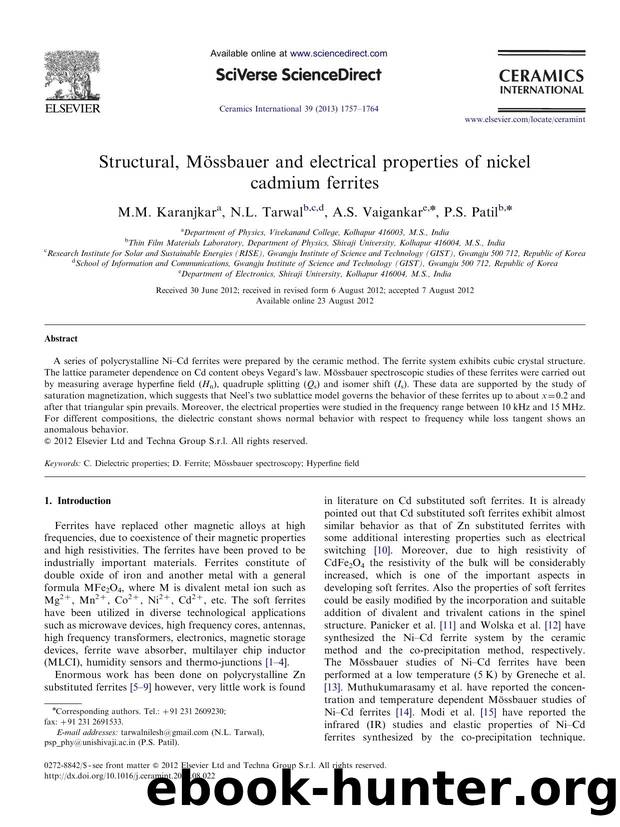Structural, MÃ¶ssbauer and electrical properties of nickel cadmium ferrites by M.M. Karanjkar & N.L. Tarwal & A.S. Vaigankar & P.S. Patil