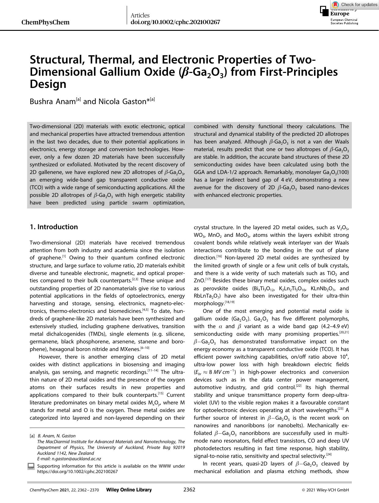 Structural, Thermal, and Electronic Properties of TwoâDimensional Gallium Oxide (Î²âGa2O3) from FirstâPrinciples Design by Unknown