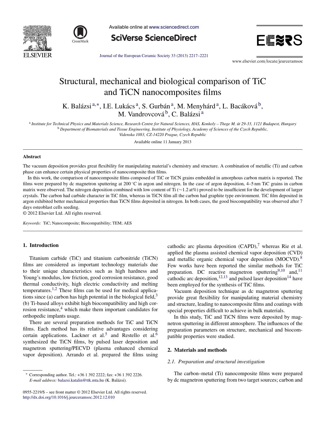 Structural, mechanical and biological comparison of TiC and TiCN nanocomposites films by unknow