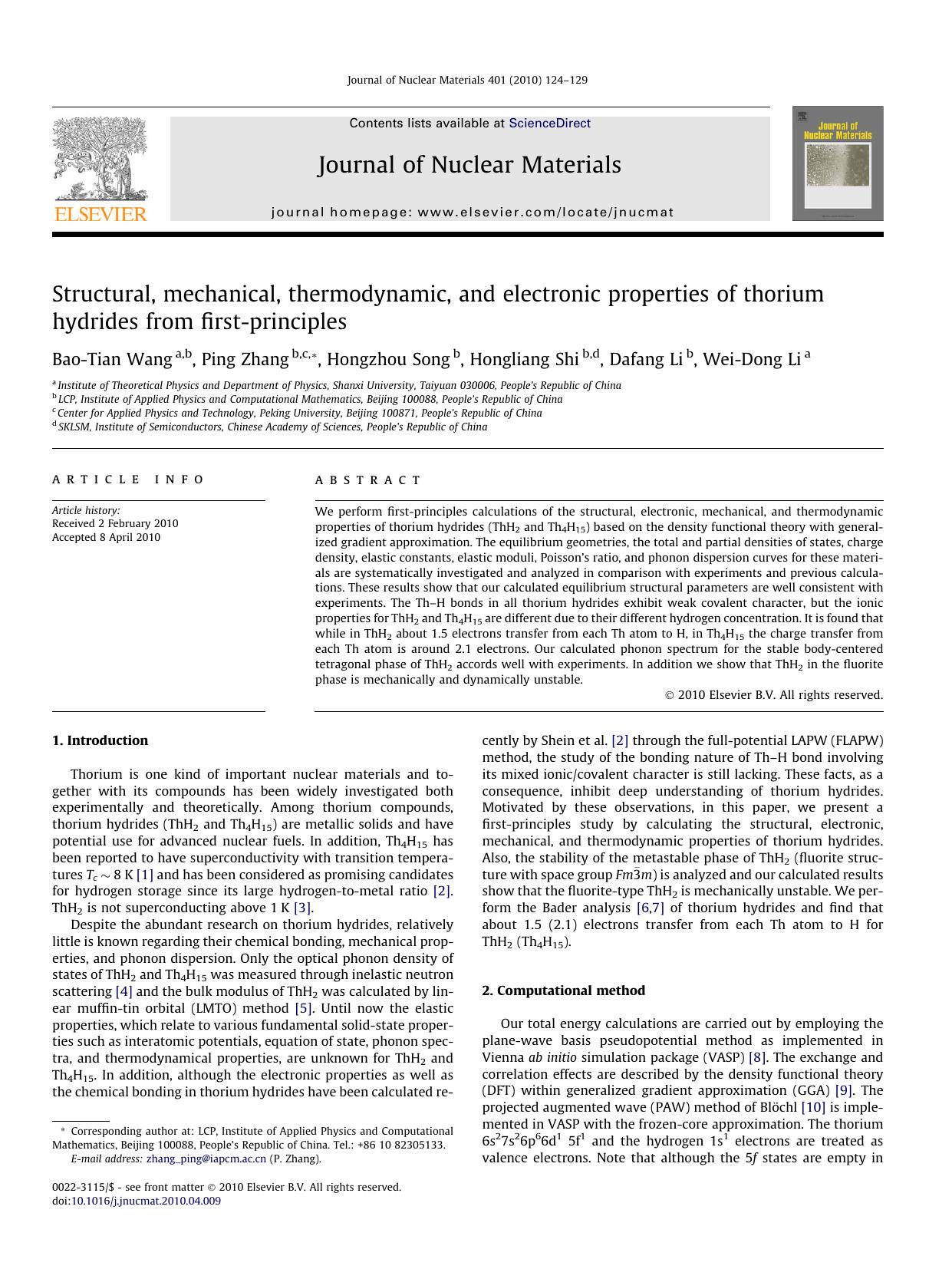 Structural, mechanical, thermodynamic, and electronic properties of thorium hydrides from first-principles by Bao-Tian Wang; Ping Zhang; Hongzhou Song; Hongliang Shi; Dafang Li; Wei-Dong Li