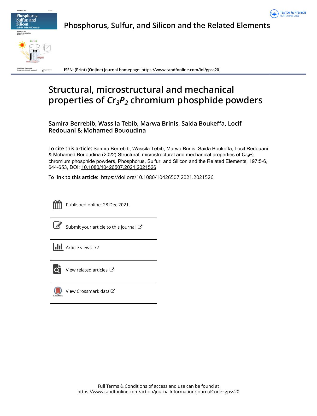 Structural, microstructural and mechanical properties of Cr3P2 chromium phosphide powders by Berrebib Samira & Tebib Wassila & Brinis Marwa & Boukeffa Saida & Redouani Locif & Bououdina Mohamed