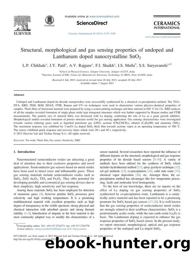 Structural, morphological and gas sensing properties of undoped and Lanthanum doped nanocrystalline SnO2 by L.P. Chikhale & J.Y. Patil & A.V. Rajgure & F.I. Shaikh & I.S. Mulla & S.S. Suryavanshi