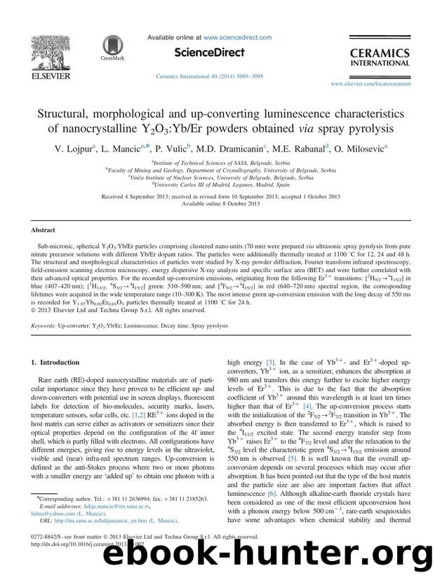 Structural, morphological and up-converting luminescence characteristics of nanocrystalline Y2O3_YbEr powders obtained via spray pyrolysis by V. Lojpur & L. Mancic & P. Vulic & M.D. Dramicanin & M.E. Rabanal & O. Milosevic