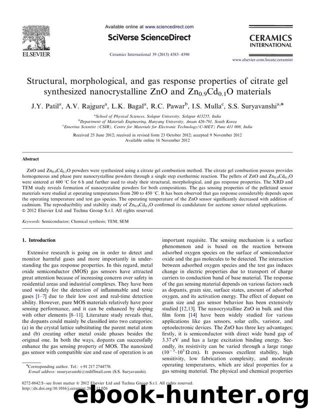Structural, morphological, and gas response properties of citrate gel synthesized nanocrystalline ZnO and Zn0.9Cd0.1O materials by J.Y. Patil & A.V. Rajgure & L.K. Bagal & R.C. Pawar & I.S. Mulla & S.S. Suryavanshi