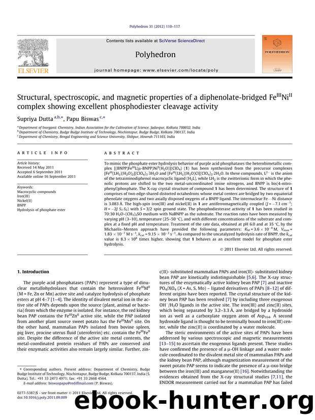 Structural, spectroscopic, and magnetic properties of a diphenolate-bridged FeIIINiII complex showing excellent phosphodiester cleavage activity by Supriya Dutta & Papu Biswas