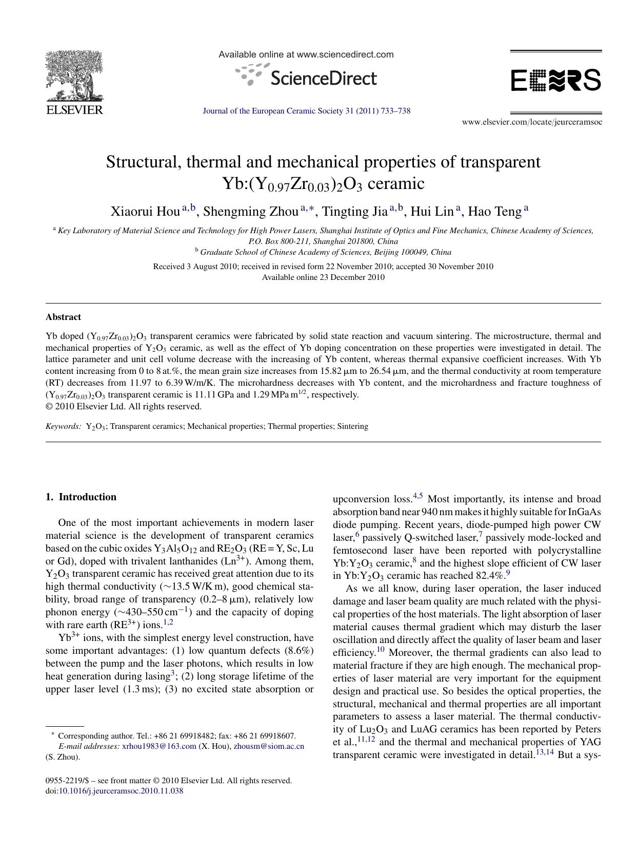 Structural, thermal and mechanical properties of transparent Yb:(Y0.97Zr0.03)2O3 ceramic by Xiaorui Hou