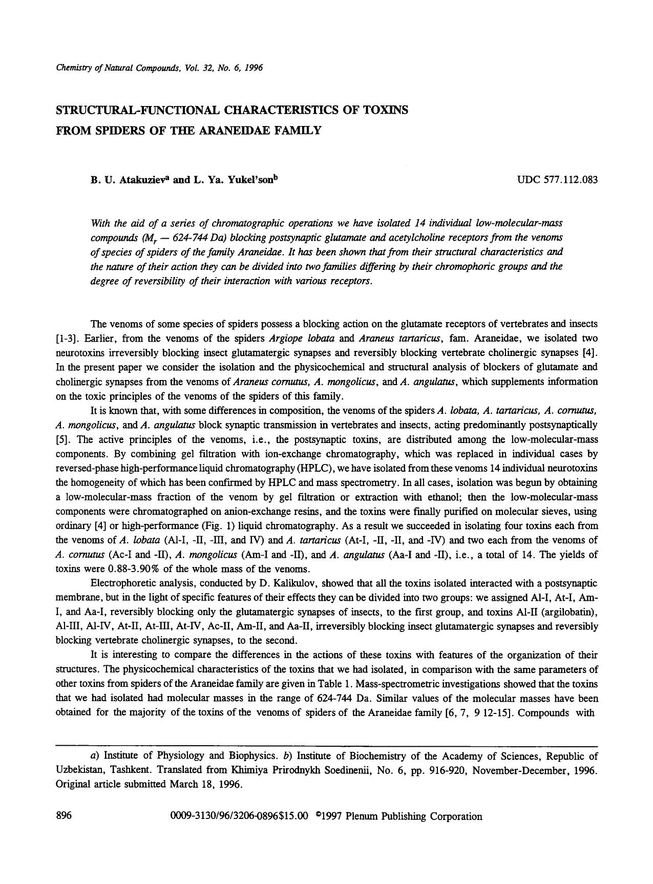 Structural-functional characteristics of toxins from spiders of the araneidae family by Unknown