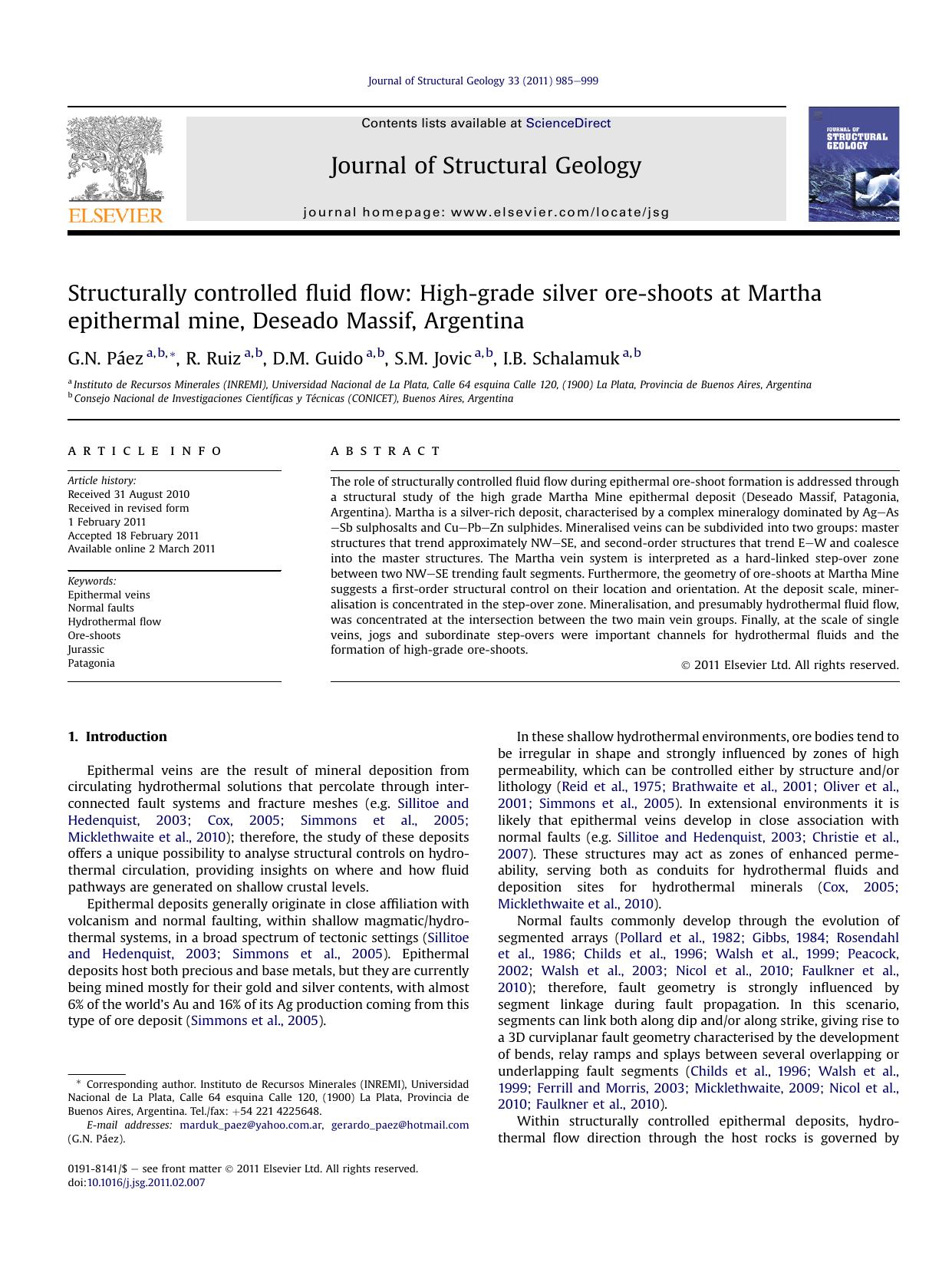Structurally controlled fluid flow: High-grade silver ore-shoots at Martha epithermal mine, Deseado Massif, Argentina by G.N. Páez & R. Ruiz & D.M. Guido & S.M. Jovic & I.B. Schalamuk