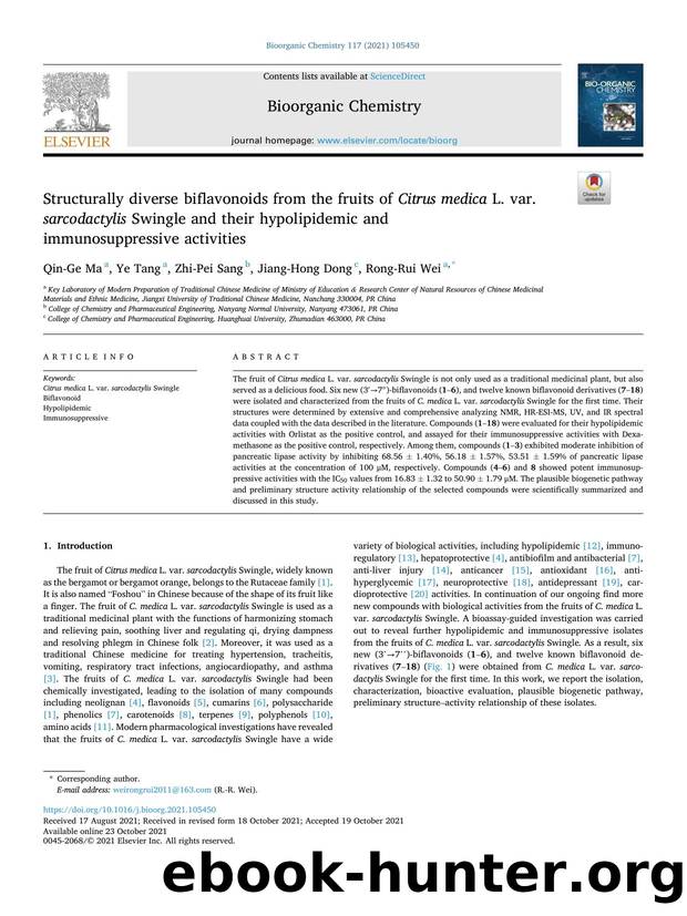 Structurally diverse biflavonoids from the fruits of Citrus medica L. var. sarcodactylis Swingle and their hypolipidemic and immunosuppressive activities by Qin-Ge Ma