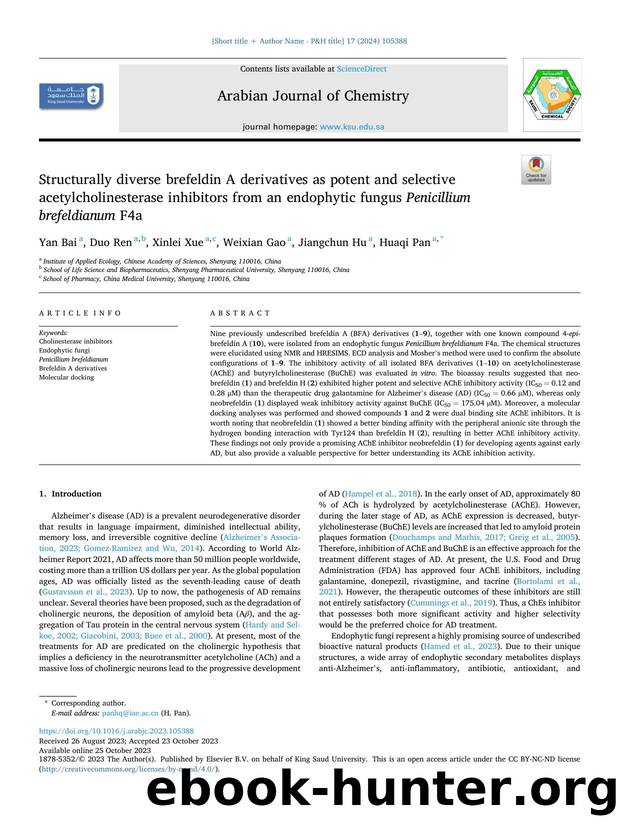 Structurally diverse brefeldin A derivatives as potent and selective acetylcholinesterase inhibitors from an endophytic fungus Penicillium brefeldianum F4a by Yan Bai & Duo Ren & Xinlei Xue & Weixian Gao & Jiangchun Hu & Huaqi Pan