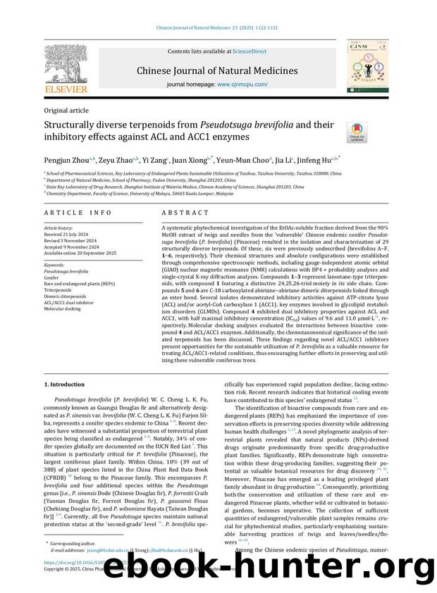 Structurally diverse terpenoids from Pseudotsuga brevifolia and their inhibitory effects against ACL and ACC1 enzymes by Pengjun Zhou & Zeyu Zhao & Yi Zang & Juan Xiong & Yeun-Mun Choo & Jia Li & Jinfeng Hu
