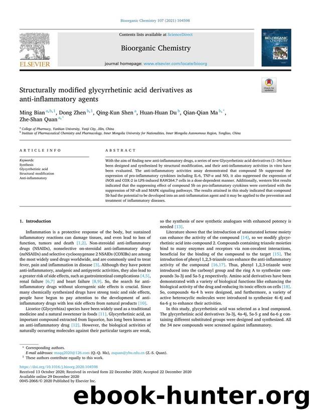 Structurally modified glycyrrhetinic acid derivatives as anti-inflammatory agents by Ming Bian & Dong Zhen & Qing-Kun Shen & Huan-Huan Du & Qian-Qian Ma & Zhe-Shan Quan