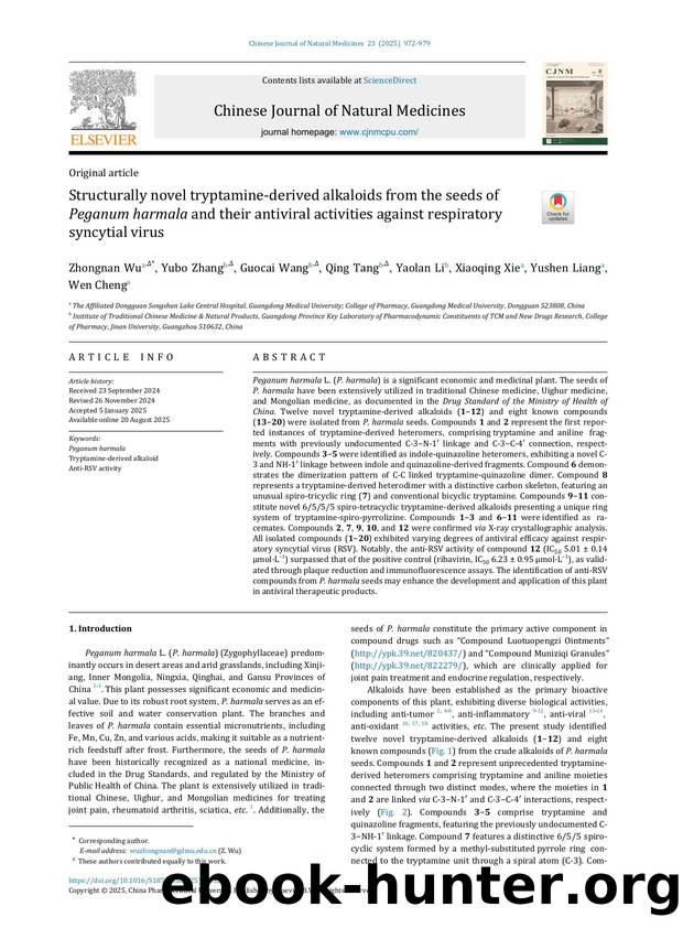 Structurally novel tryptamine-derived alkaloids from the seeds of Peganum harmala and their antiviral activities against respiratory syncytial virus by unknow