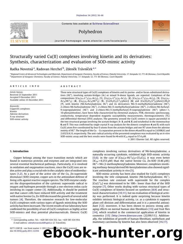 Structurally varied Cu(II) complexes involving kinetin and its derivatives: Synthesis, characterization and evaluation of SOD-mimic activity by Radka NovotnÃ¡ & Radovan Herchel & Zdeněk Trávníček