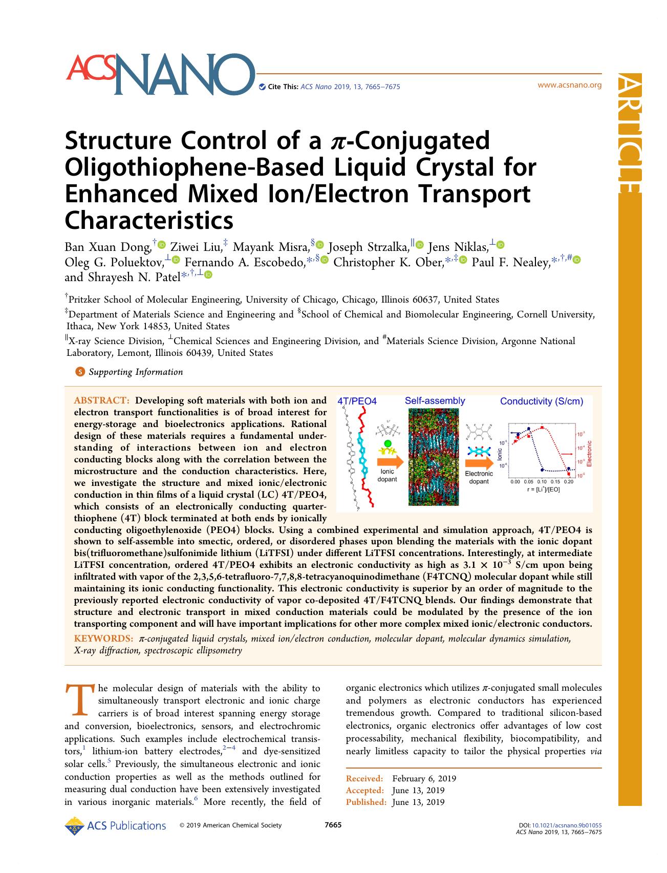 Structure Control of a Ï-Conjugated Oligothiophene-Based Liquid Crystal for Enhanced Mixed IonElectron Transport Characteristics by unknow