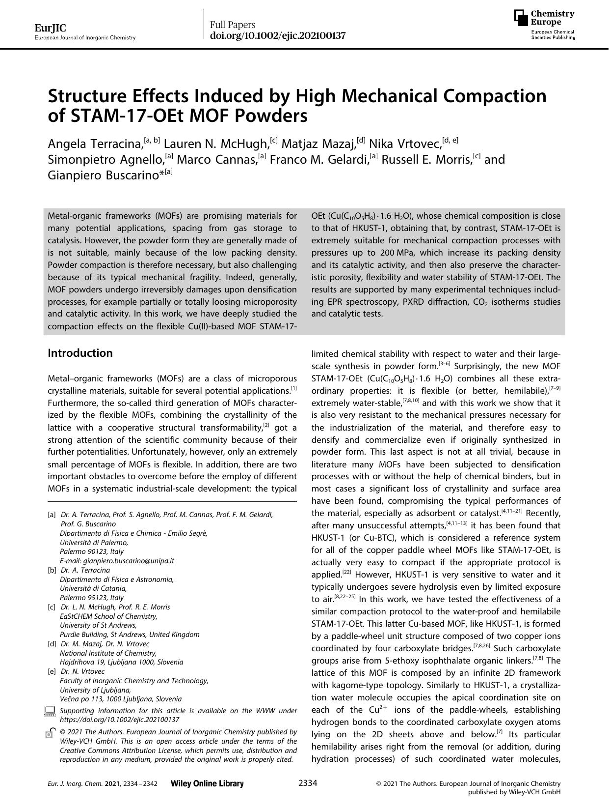 Structure Effects Induced by High Mechanical Compaction of STAMâ17âOEt MOF Powders by Unknown