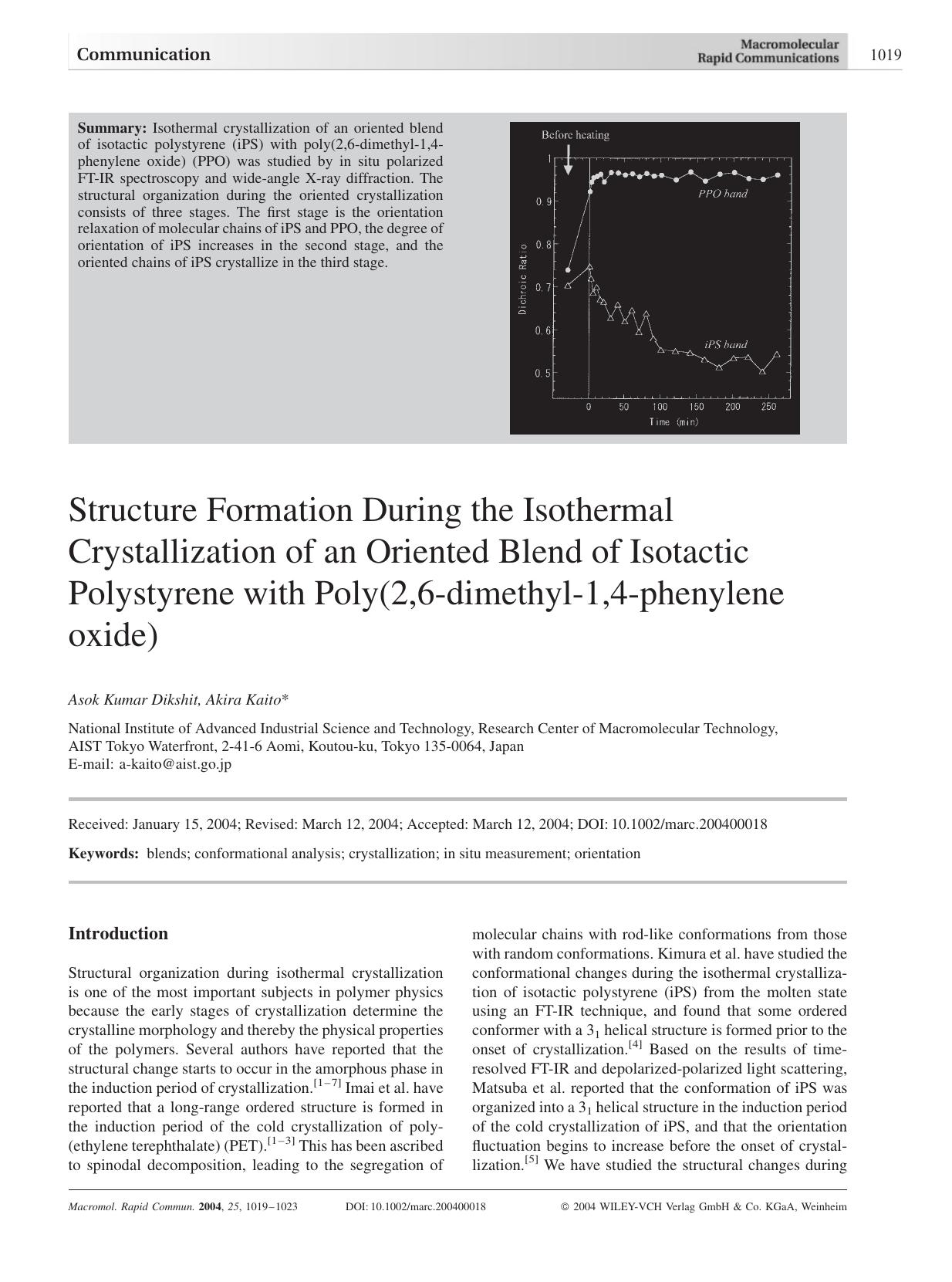 Structure Formation During the Isothermal Crystallization of an Oriented Blend of Isotactic Polystyrene with Poly(2,6-dimethyl-1,4-phenylene oxide) by Unknown