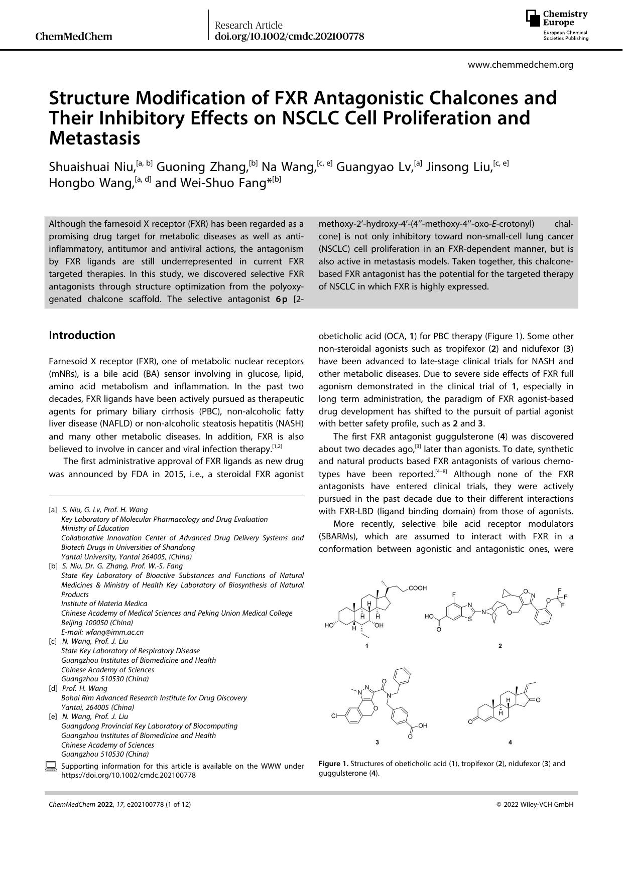 Structure Modification of FXR Antagonistic Chalcones and Their Inhibitory Effects on NSCLC Cell Proliferation and Metastasis by Unknown