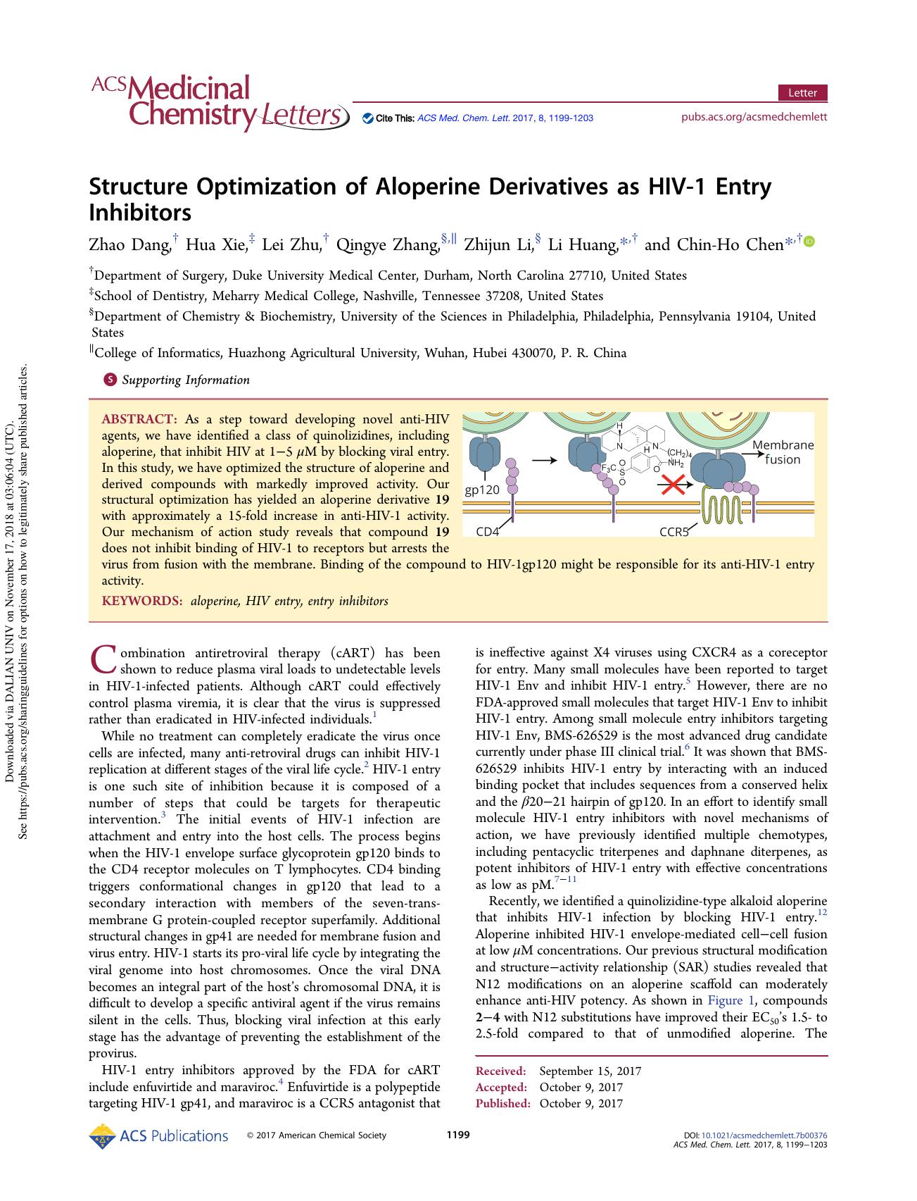 Structure Optimization of Aloperine Derivatives as HIV-1 Entry Inhibitors by Zhao Dang Hua Xie Lei Zhu Qingye Zhang Zhijun Li Li Huang & Chin-Ho Chen