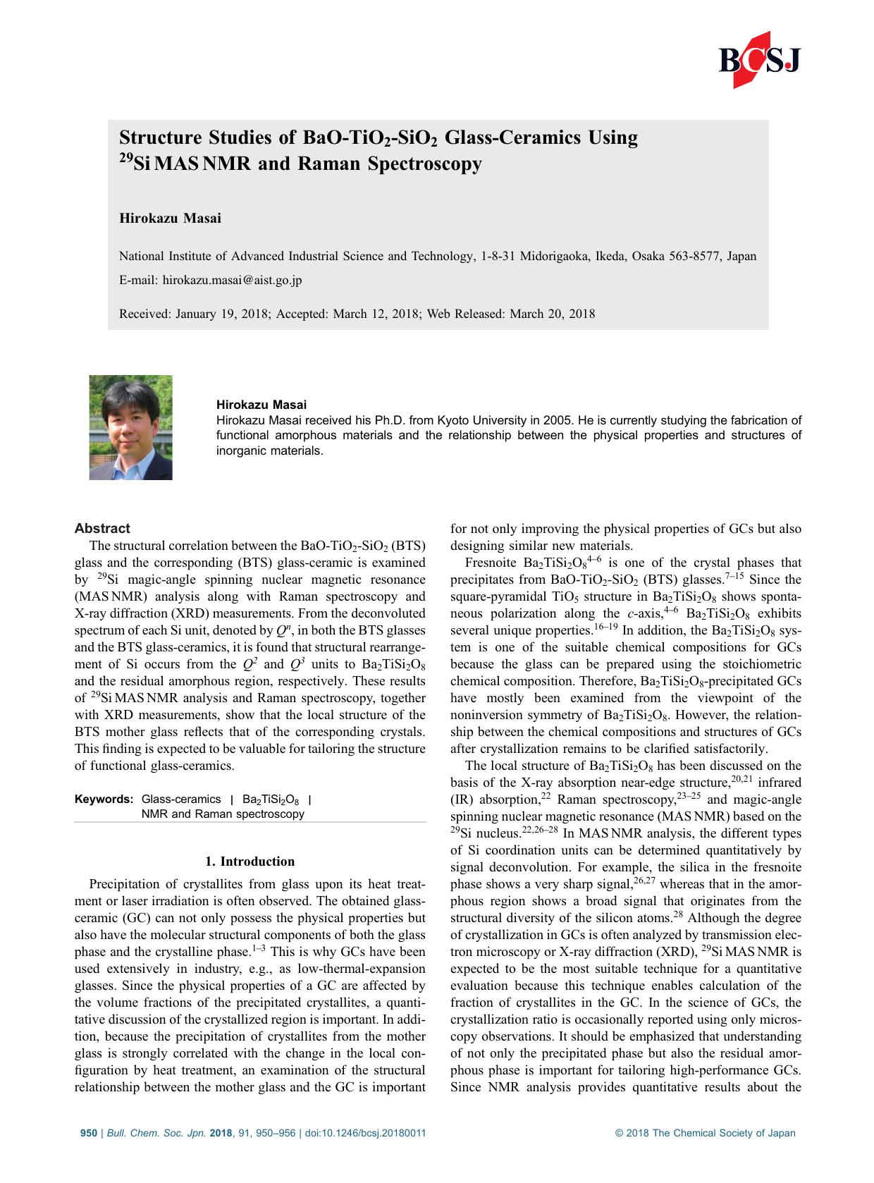 Structure Studies of BaO-TiO2-SiO2 Glass-Ceramics Using 29SiMASNMR and Raman Spectroscopy by Unknown