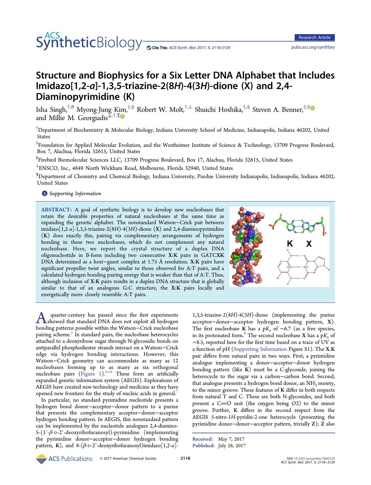 Structure and Biophysics for a Six Letter DNA Alphabet that Includes Imidazo[1,2-a]-1,3,5-triazine-2(8H)-4(3H)-dione (X) and 2,4-Diaminopyrimidine (K) by unknow
