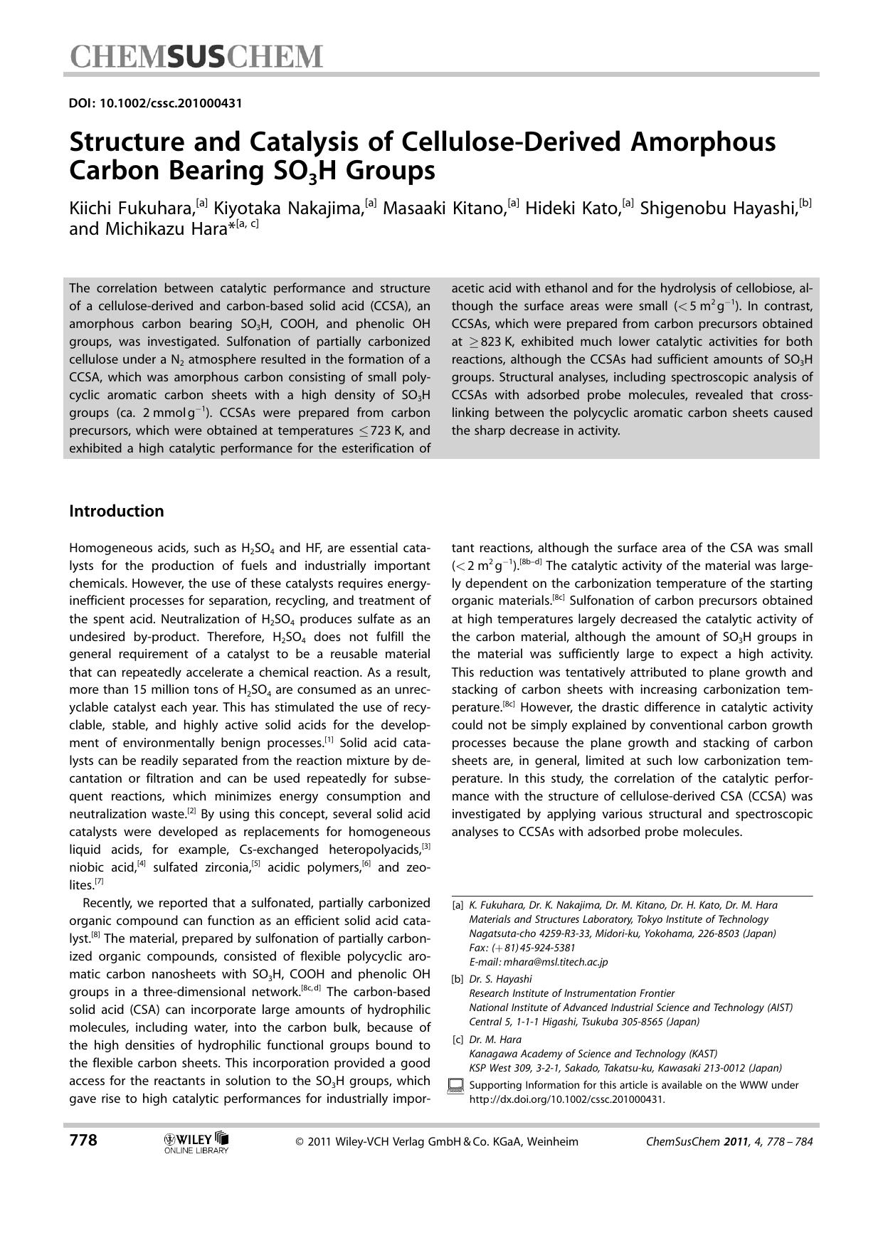 Structure and Catalysis of CelluloseDerived Amorphous Carbon Bearing SO3H Groups by Unknown