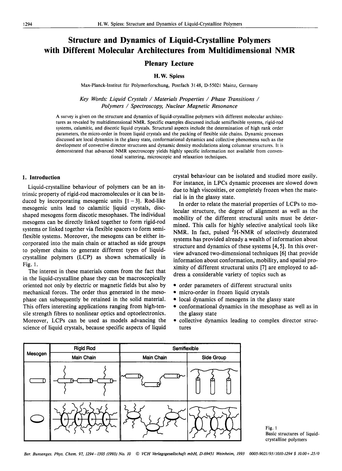 Structure and Dynamics of Liquid-Crystalline Polymers with Different Molecular Architectures from Multidimensional NMR Plenary Lecture by Unknown